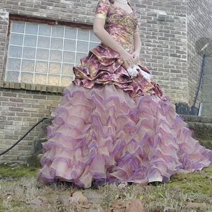 Purple and Gold Maxi Dress with Ruffled Tiered Skirt and Puff Sleeves